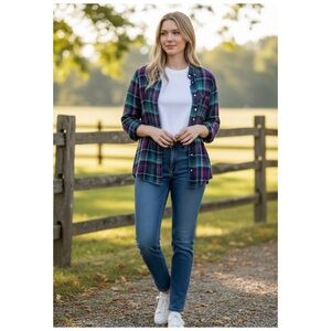 Trovata Birds of Paradise Plaid Button Down Top M